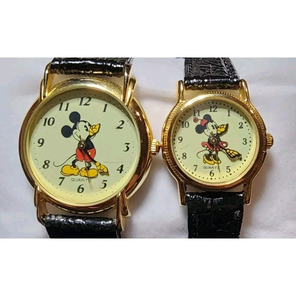 Vintage Disney Mickey & Minnie Mouse Watches Running Leather Band His & Hers Y2K